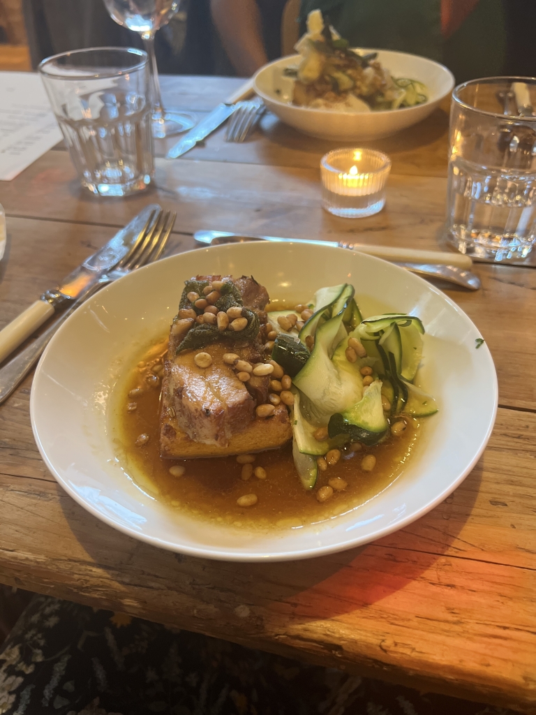 Bels Kitchen Slow Roast Pork Belly with Sage Polenta, Courgettes, & Pine Nuts